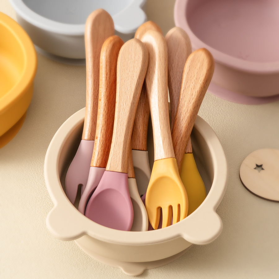 Baby Food Utensils - Mamaplan Silikon Bebek Kaşık Çatal Ahşap